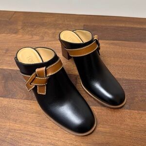 Loewe Black Leather Mules with Tan Strap Accent